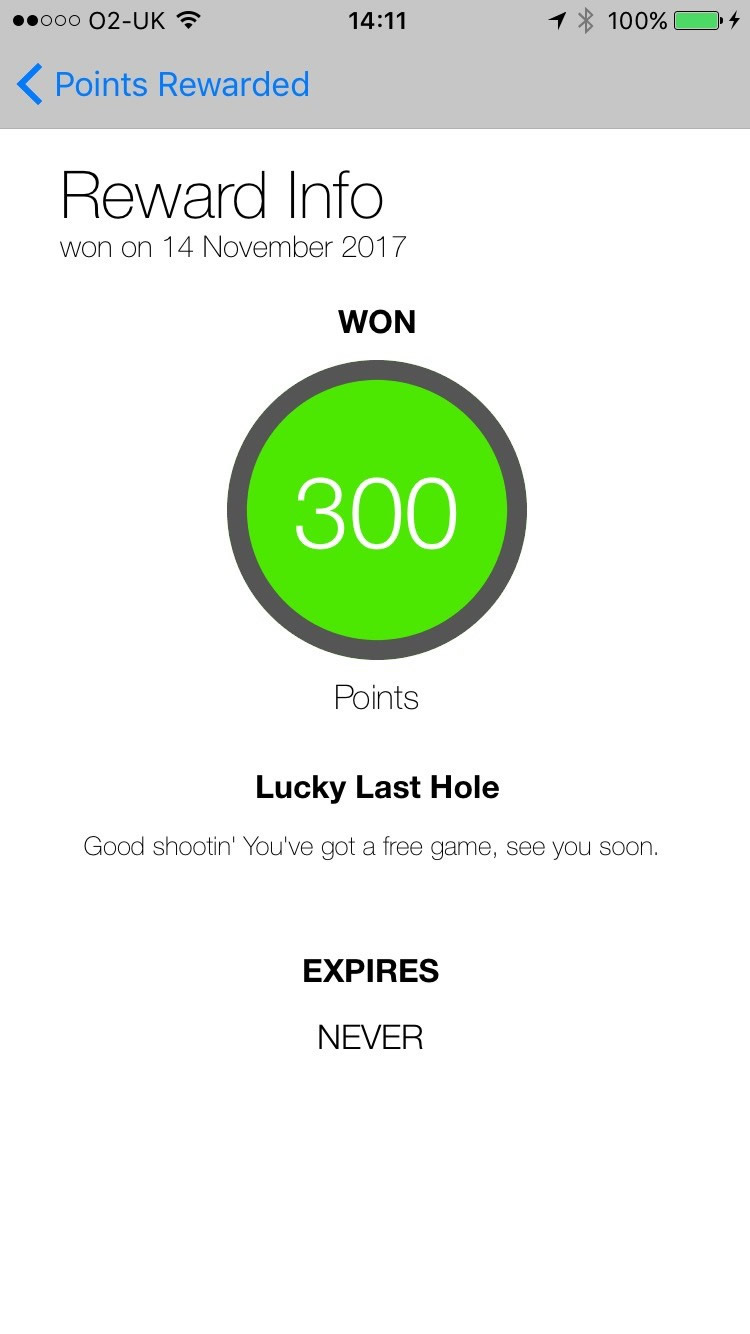 screen shot showing reward points on a mini golf app
