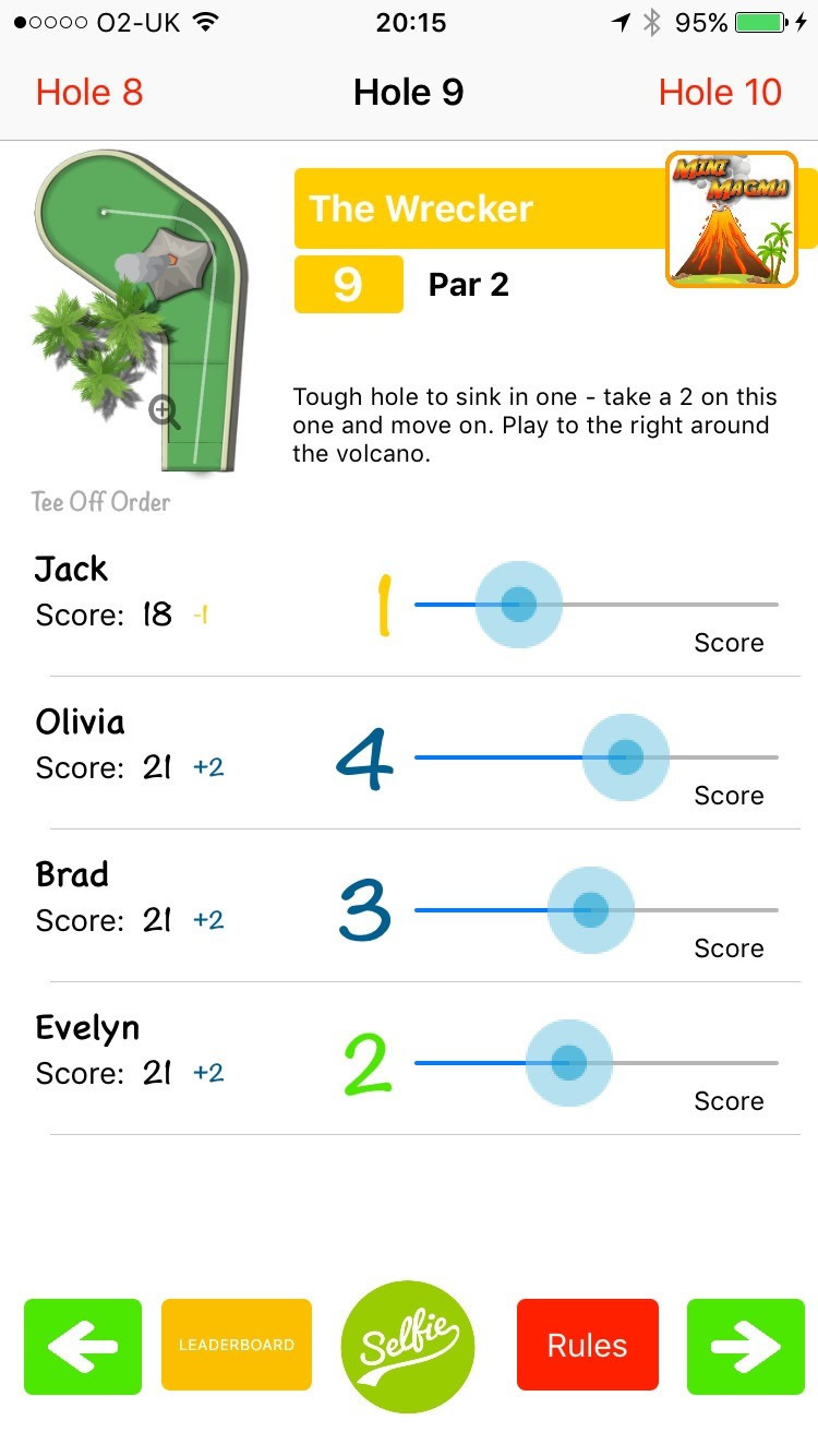 a score card on a mini golf app